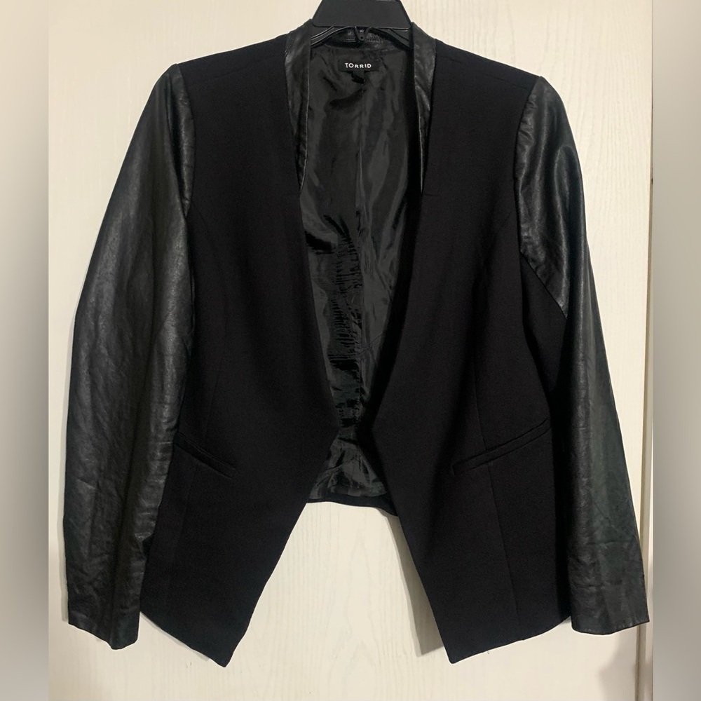 torrid Black Mixed-Media Blazer with Faux Leather Sleeves